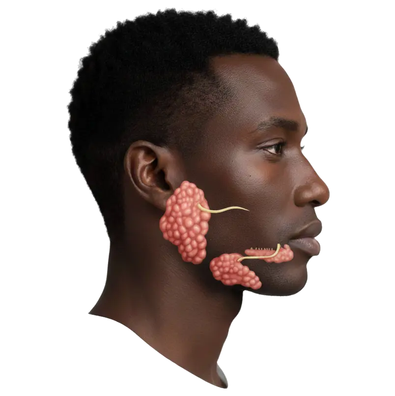 Side profile of a man with an overlay of the salivary glands